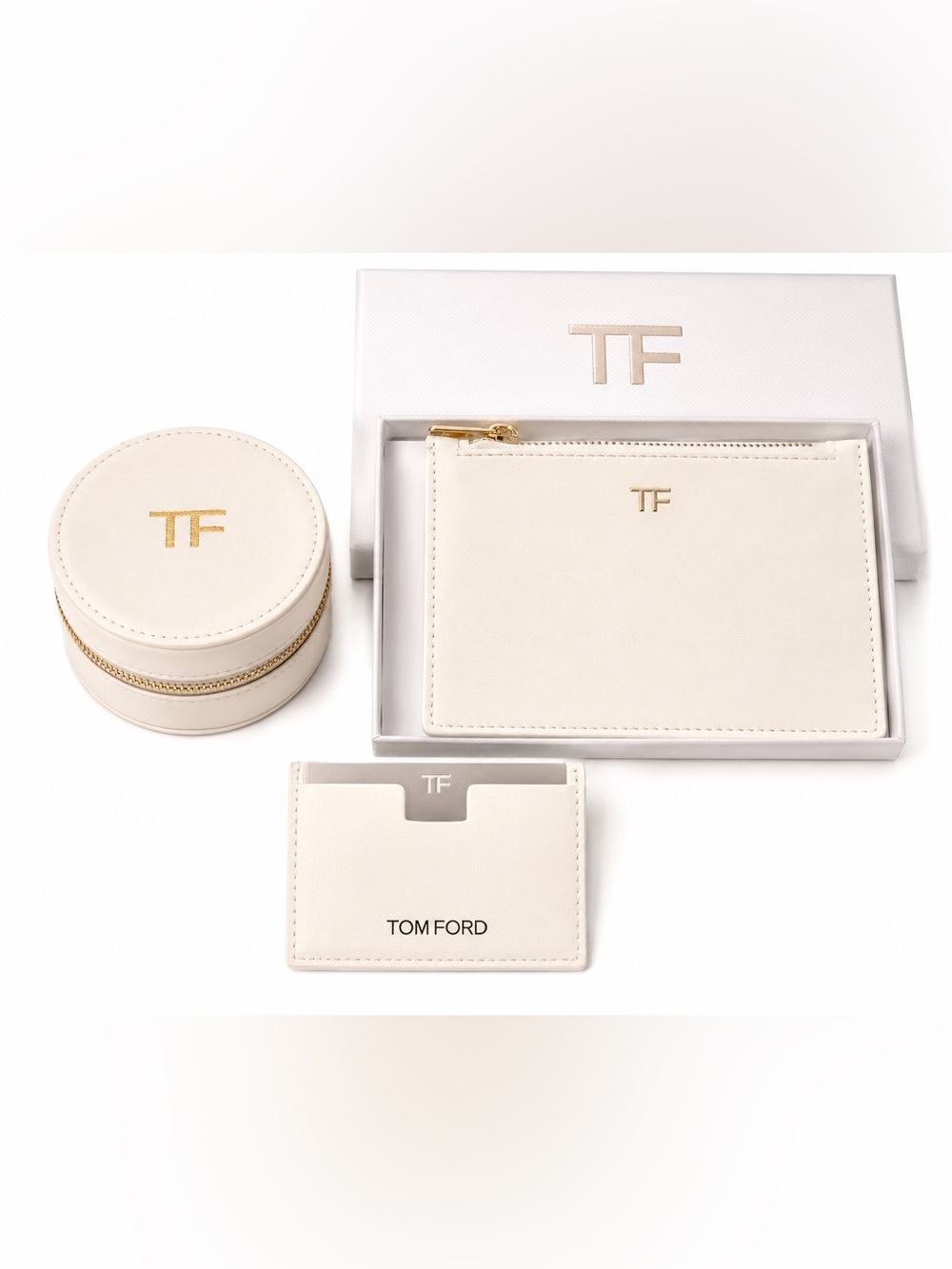 Tom Ford Cream Leather Card Holder/Mirror, Zip Pouch & Round Case Set